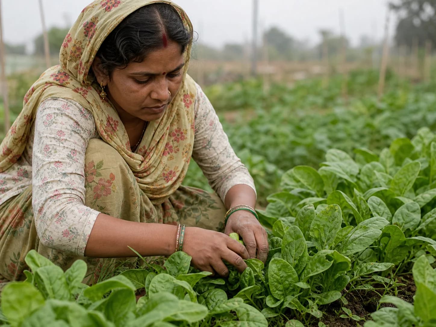 A farmer carefully tending leafy vegetables by hand